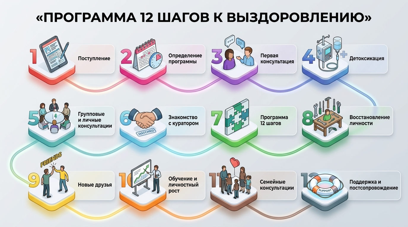 Визуальная карта программы реабилитации 12 шагов: детоксикация, консультации, работа с куратором и поддержка после.